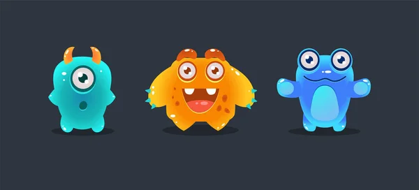 Monstruos coloridos lindos, extranjeros brillantes de dibujos animados divertidos, elemento de interfaz de usuario del juego para el vector de juegos de ordenador de vídeo Ilustración — Vector de stock