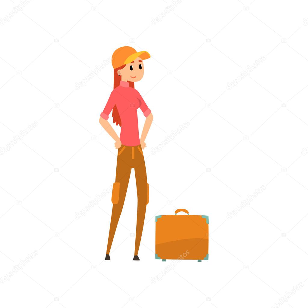 Girl and suitcase, people traveling on vacation concept cartoon vector Illustration on a white background