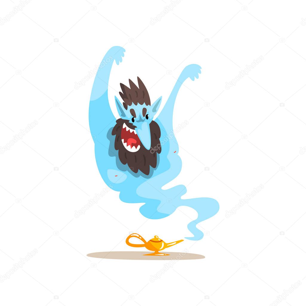 Gin coming out of magic lamp, ancient mythical creature cartoon vector Illustration on a white background