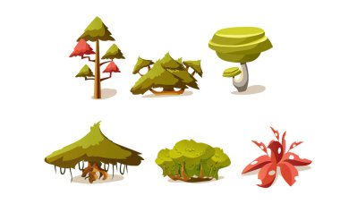 Yeşil fantezi yaz ağaçlar ve bitkiler ayarla, Kullanıcı arabirimi varlıklar mobil apps ya da video oyunları ayrıntılar üzerinde beyaz bir arka plan illüstrasyon vektör