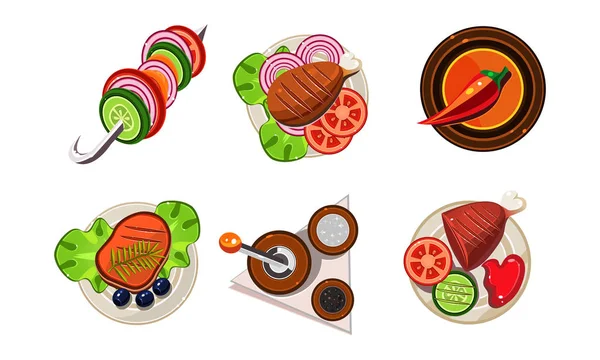 Set de sabrosos platos, mesa de cena, platos de diferentes países del mundo, vista superior vector Ilustración sobre un fondo blanco — Vector de stock