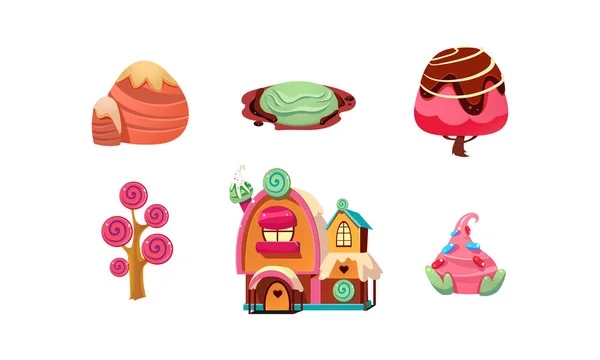 Sweet candy land, éléments fantastiques de dessin animé mignon pour interface de conception de jeu mobile, plantes douces, arbres, pain d'épice maison vecteur Illustration sur un fond blanc — Image vectorielle