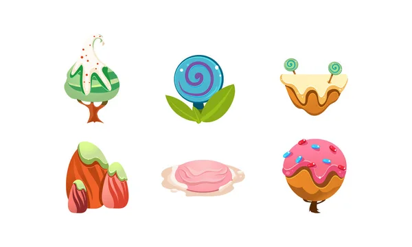 Sweet candy land design elements, cute cartoon fantasy plants for mobile game interfaz vector Ilustración sobre un fondo blanco — Vector de stock