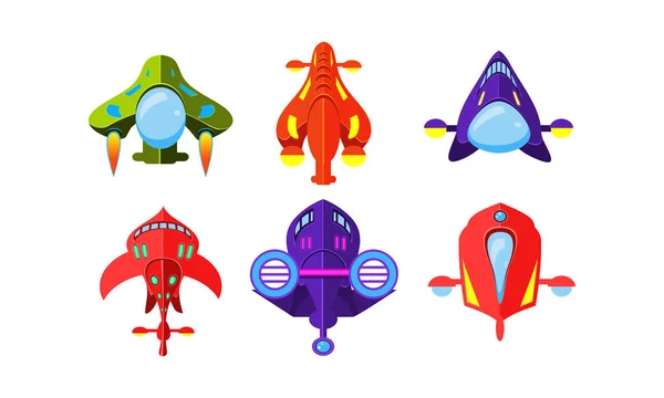 Colorful fantasy aircrafts set, airplanes, spaceships, assets for user interface GUI for mobile apps or video games vector Illustration on a white background — Stock Vector