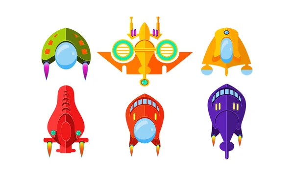 Coloridos conjuntos de naves espaciales de fantasía, aviones, aviones alienígenas, elementos de diseño para el vector de interfaz de juego móvil o de ordenador Ilustración sobre un fondo blanco — Archivo Imágenes Vectoriales