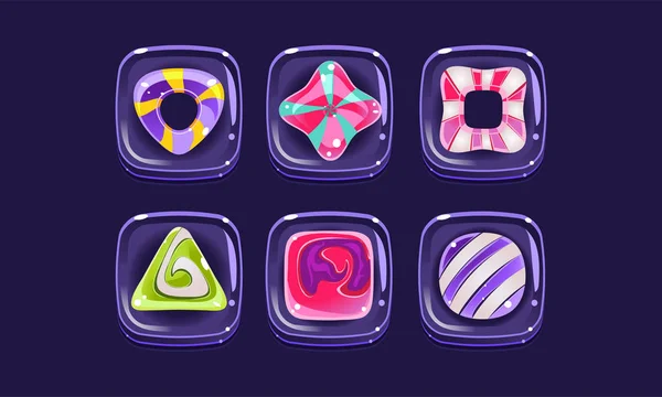 Conjunto de formas de colores brillantes, bloques cuadrados de caramelos, activos para interfaz de usuario GUI para aplicaciones móviles o vectores de videojuegos Ilustración — Vector de stock