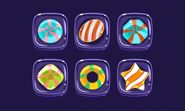 Glansiga färgglada formar set, söta fyrkantiga godis block, tillgångar för användargränssnitt Gui för mobilappar eller videospel vektor Illustration — Stock vektor