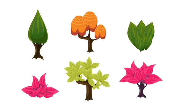 Summer trees set, cute cartoon fantasy plants, user interface assets for mobile apps or vídeo games vector Ilustração sobre um fundo branco — Vetor de Stock