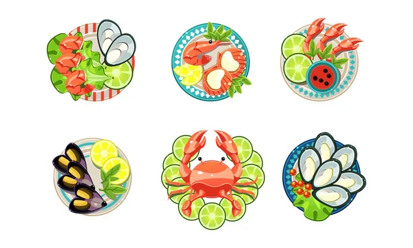 Набор морепродуктов, устрицы, креветки, осьминога, лобстера на тарелках векторная иллюстрация на белом фоне — стоковый вектор