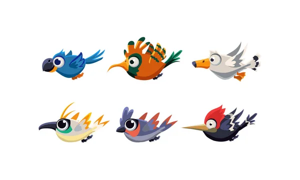 Милий мультфільм набір літаючих птахів, смішні барвисті птахи Векторні ілюстрації на білому тлі — стоковий вектор