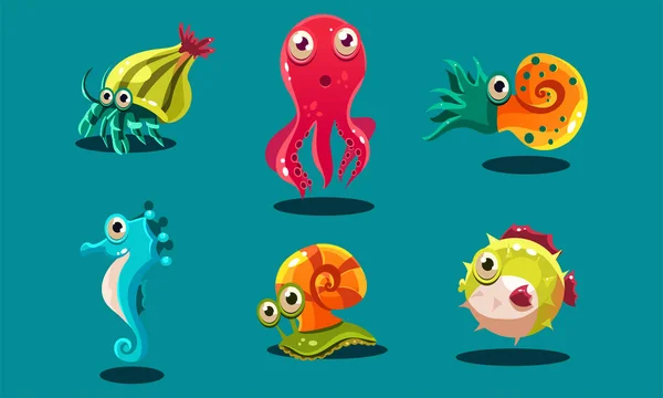 Conjunto de criaturas marinas, lindos animales divertidos y peces personajes, caballito de mar, caracol, sepia, pez globo, vector cangrejo ermitaño Ilustración — Vector de stock