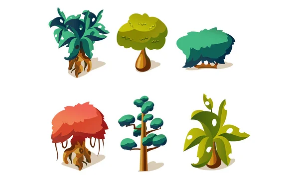 Fantezi ağaçlar ve bitkiler küme, Kullanıcı arabirimi varlıklar mobil apps ya da video oyunları bilgi için resimde beyaz bir arka plan üzerinde vektör — Stok Vektör