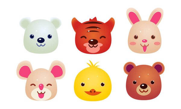 Heads of cute animals set, bear, face of bear, hare, mouse, tiger, chicken, polar bear, user interface assets for mobile apps or video games vector Illustration on a white background