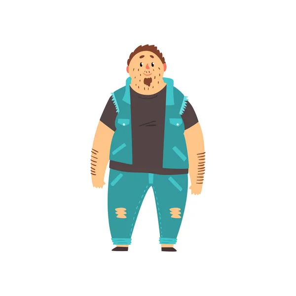 Hombre guapo con sobrepeso vestido jeans y chaleco de mezclilla, chico gordo en ropa de moda, cuerpo positivo vector Ilustración sobre un fondo blanco — Archivo Imágenes Vectoriales