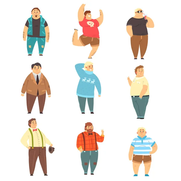 Hermoso conjunto de hombres con sobrepeso, chicos gordos en ropa de moda, vector positivo para el cuerpo Ilustraciones sobre un fondo blanco — Vector de stock