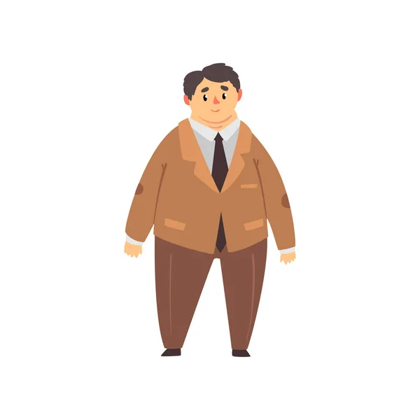 Handsome overweight man dressed brown suit, fat guy in fashionable clothes, body positive vector Illustration on a white background — Stock Vector