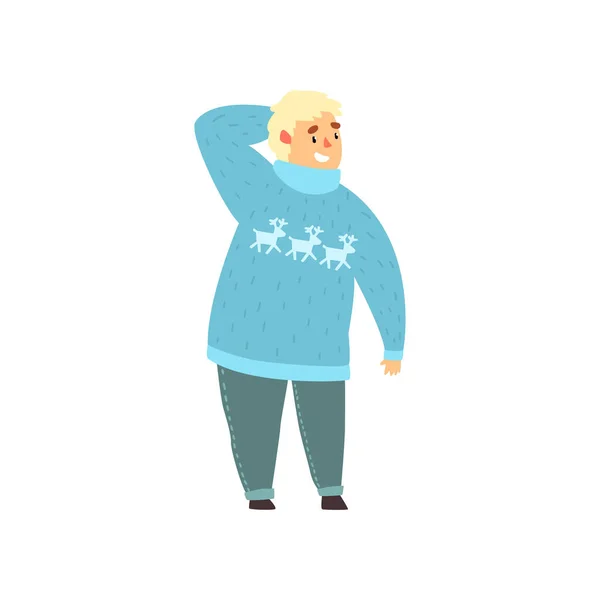 Obézní muž na sobě modrý svetr s jeleny a džíny, tlusťoch v módní oblečení, tělo pozitivní vektorové ilustrace na bílém pozadí — Stockový vektor
