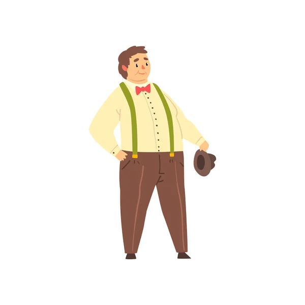 Knappe man van de overgewicht dragen broek met bretels, overhemd en een strikje, fat man in modieuze kleding, lichaam positieve vector illustratie op een witte achtergrond — Stockvector