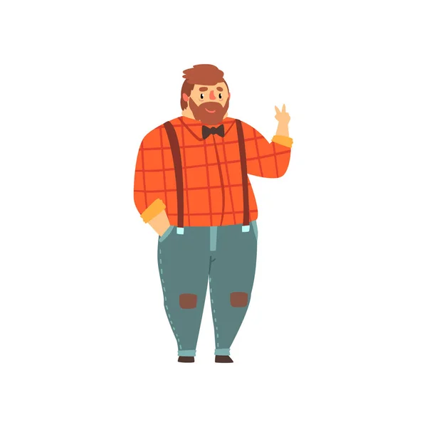 Hipster overgewicht man in casual kleding, fat man in modieuze kleding, lichaam positieve vector illustratie op een witte achtergrond — Stockvector