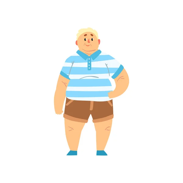 Bel homme en surpoids portant des shorts et chemise rayée, gros gars en vêtements à la mode, vecteur positif du corps Illustration sur un fond blanc — Image vectorielle