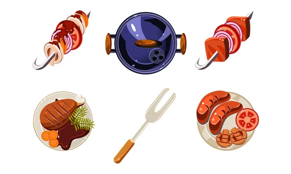 Conjunto de platos tradicionales de carne, kebab, salchicha, pollo frito, vector de vista superior Ilustración sobre un fondo blanco — Vector de stock