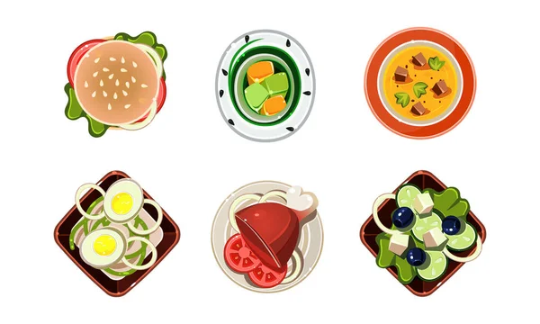 Lekkere gezonde gerechten instellen, eettafel, bovenaanzicht vector illustratie op een witte achtergrond — Stockvector