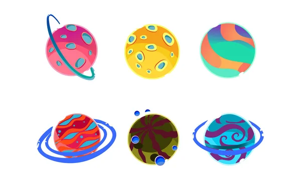 Conjunto de planetas alienígenas de fantasia coloridos, detalhes cósmicos para o vetor de design do jogo Ilustração em um fundo branco —  Vetores de Stock