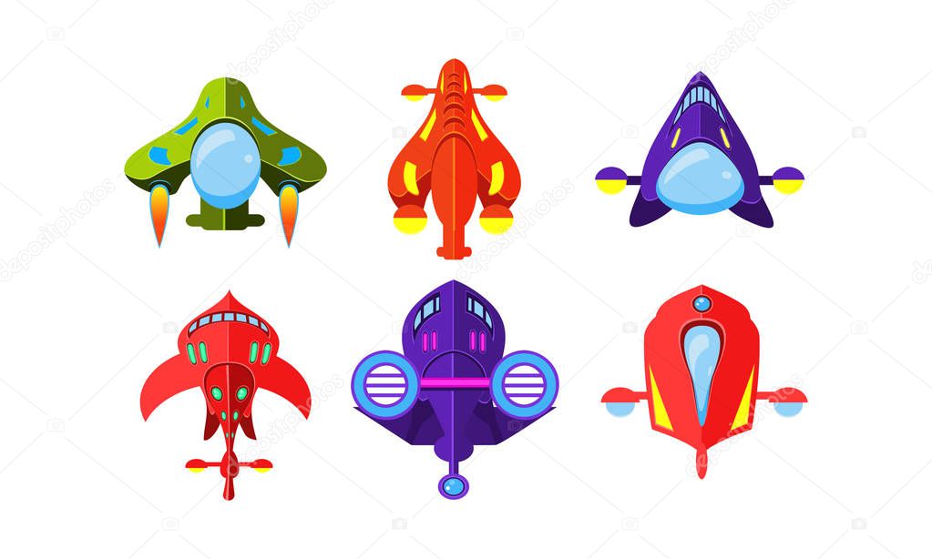Colorful fantasy aircrafts set, airplanes, spaceships, assets for user interface GUI for mobile apps or video games vector Illustration on a white background