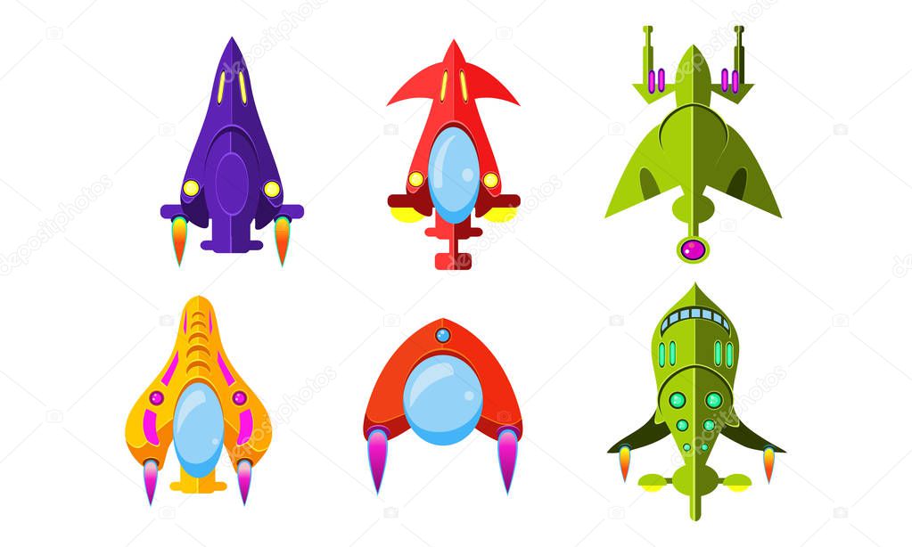 Fantasy aircrafts set, colorful airplanes, spaceships, assets for user interface GUI for mobile apps or video games vector Illustration on a white background