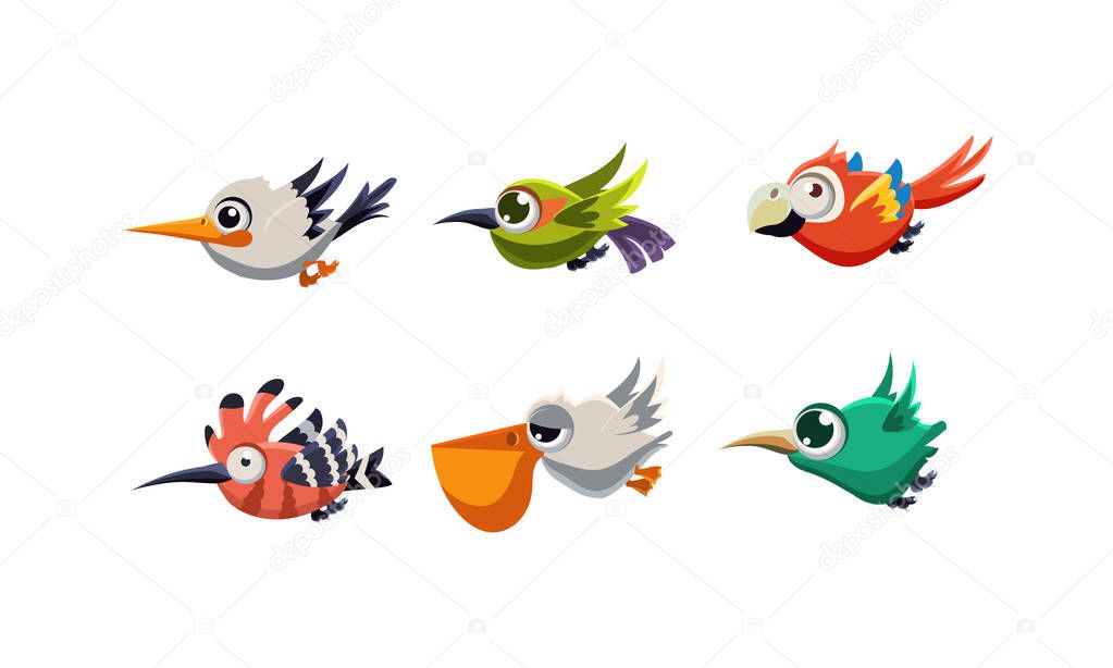 Cute cartoon colorful exotic flying little birds set vector Illustration on a white background