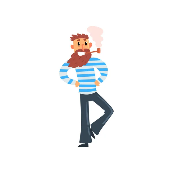 Skäggiga sailor man röka Tobak pipe, sjöman karaktär i randigt linne vektor Illustration på vit bakgrund — Stock vektor