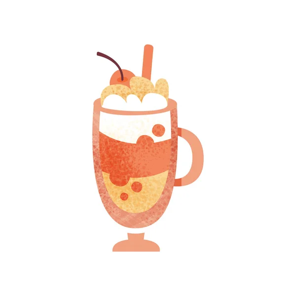 Cóctel dulce con crema batida y cereza roja por encima. Deliciosa bebida en copa de vidrio. Icono de vector plano con textura — Vector de stock