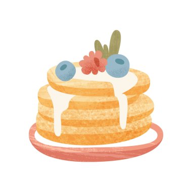 Yaban mersini, ahududu ve yoğunlaştırılmış süt taze pişmiş krep yığını. Lezzetli sabah yemek. Doku ile düz vektör