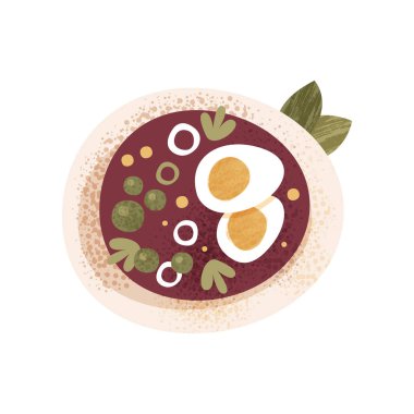 Yeşiller ve haşlanmış yumurta ile taze sebze çorbası. Kahvaltı, akşam yemeği için lezzetli yemek. Doku düz vektör simgesi