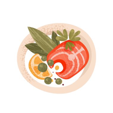 Somon balığı, yeşil ve dilim limon plaka, üstten görünüm. Akşam yemeği için lezzetli yemek. Doku düz vektör simgesi