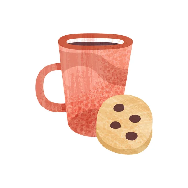 Rote Tasse Tee und süßes Gebäck. Becher mit frischem Kaffee. Leckere Snacks und Getränke zum Frühstück. flaches Vektorsymbol mit Textur — Stockvektor