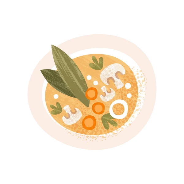 Assiette de soupe savoureuse aux champignons et aux carottes, vue sur le dessus. Plat appétissant. Icône vectorielle plate avec texture — Image vectorielle