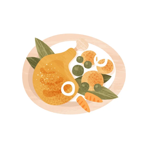 Patata de pollo, papas, guisantes verdes y zanahoria en plato. Comida para la cena. Tema de comida. Icono de vector plano con textura — Vector de stock