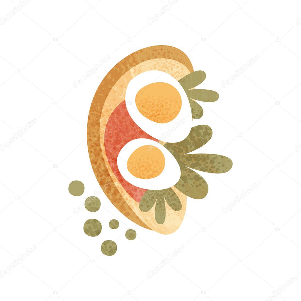 Rye bread with boiled egg, red sauce and greens. Sandwich for breakfast. Appetizing morning meal. Flat vector with texture