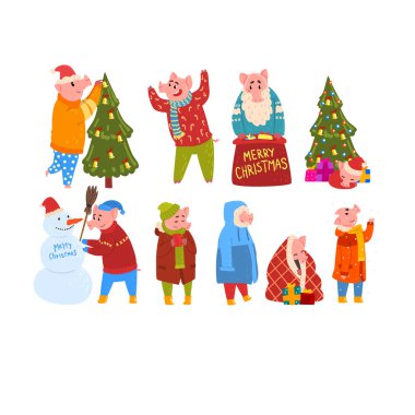 Cute funny pigs celebrating New Year set, piggy characters wearing warm bright clothes in different situations, Chinese symbol of New Year vector Illustration clipart
