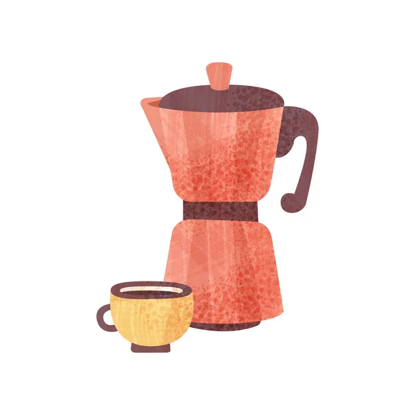 Röd kaffekanna och kopp nybryggt kaffe med textur. Varm dryck. Välsmakande dryck. Flat vektor för affischen eller banderollen — Stock vektor