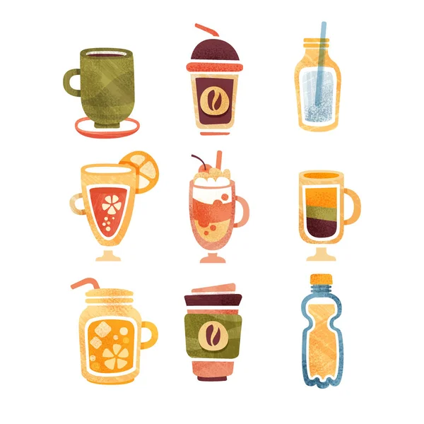 Non alcoholic drinks, tea, coffee, hot chocolate, latte, smoothie, juice, lemonade vector Illustrations on a white background — Stock Vector