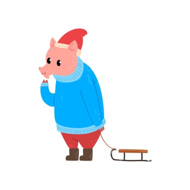 Şirin komik domuz karakter yürüyüş kızak, yeni yıl Çince sembolü, tasarım öğesi için Noel kartı ile sıcak parlak elbise giymiş, takvim, davet vektör çizim