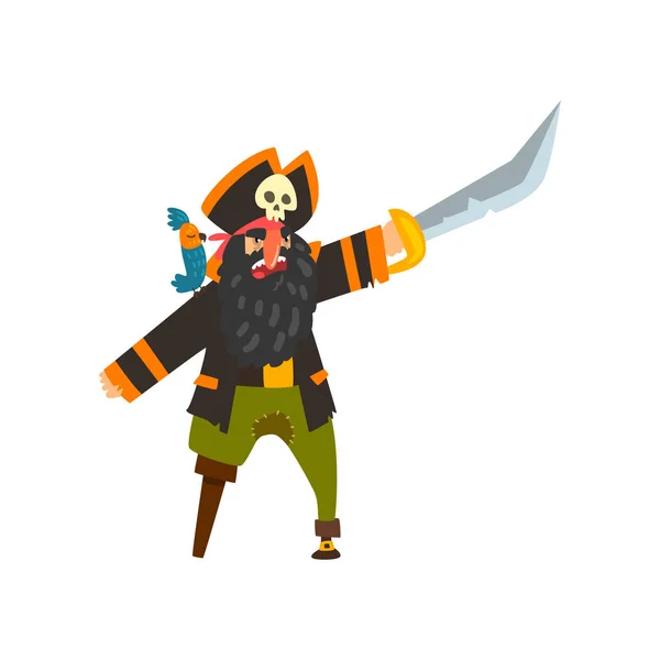 Brodaty postać pirata z drewnianą nogę wskazując z mieczem wektor ilustracja na białym tle — Wektor stockowy