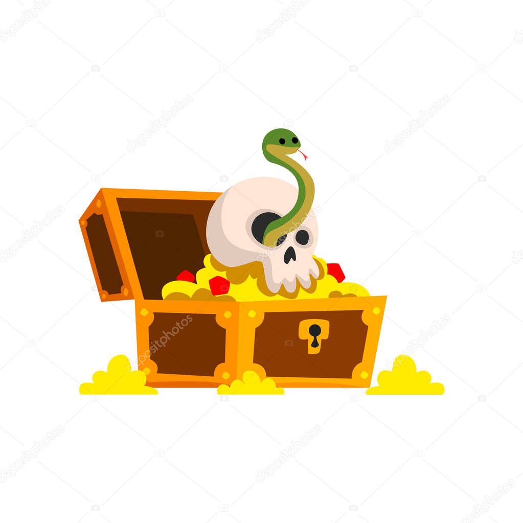 Old pirate treasure chest with golden coins and skull bone vector Illustration on a white background