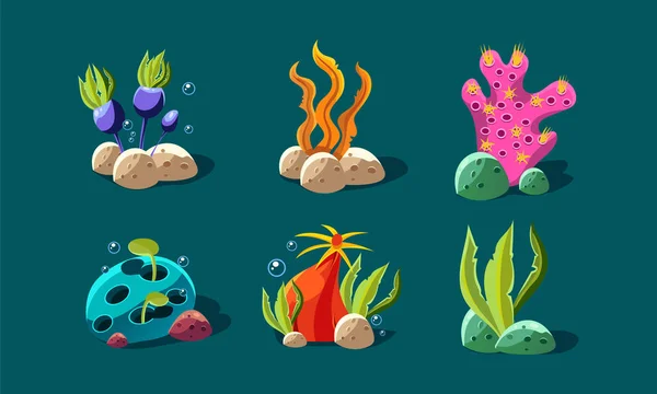Set di alghe marine e piante subacquee, piante fantasy colorate, risorse di interfaccia utente per applicazioni mobili o videogiochi dettagli vettoriale Illustrazione — Vettoriale Stock