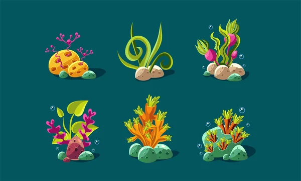 Set di alghe marine e piante subacquee, piante fantasy, risorse di interfaccia utente per applicazioni mobili o videogiochi dettagli vettoriale Illustrazione — Vettoriale Stock