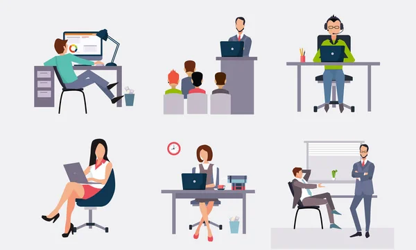 Geschäftsleute, die im Büro arbeiten, Büroangestellte, die am Computer arbeiten und an der Konferenzvektorillustration auf weißem Hintergrund teilnehmen — Stockvektor