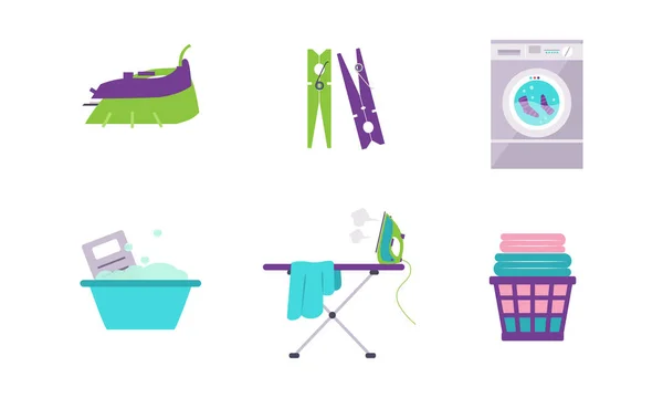 Conjunto de lavanderia, máquina de lavar roupa, bacia, varal, ferro, tábua de engomar vetor Ilustração sobre um fundo branco —  Vetores de Stock