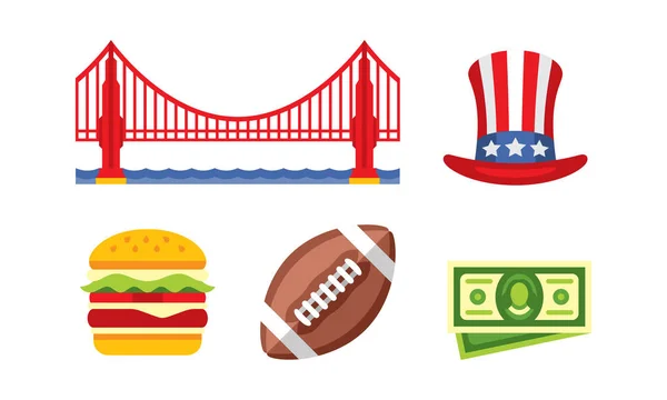 Americká národní symboly, most Golden Gate, vojáku, burger, americký fotbalový míč, dollar bill vektorové ilustrace na bílém pozadí — Stockový vektor